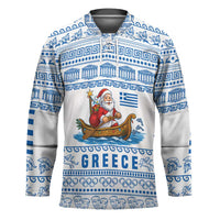 Greece Christmas Hockey Jersey with Santa Rowing Boat Greek Flag Laurel Wreath Parthenon and Blue White Pattern Design - Wonder Print Shop