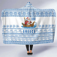 Greece Christmas Hooded Blanket with Santa Rowing Boat Greek Flag Laurel Wreath Parthenon and Blue White Pattern Design - Wonder Print Shop