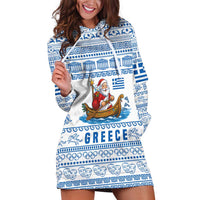 Greece Christmas Hoodie Dress with Santa Rowing Boat Greek Flag Laurel Wreath Parthenon and Blue White Pattern Design - Wonder Print Shop