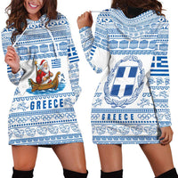 Greece Christmas Hoodie Dress with Santa Rowing Boat Greek Flag Laurel Wreath Parthenon and Blue White Pattern Design - Wonder Print Shop