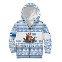 Greece Christmas Kid Hoodie with Santa Rowing Boat Greek Flag Laurel Wreath Parthenon and Blue White Pattern Design - Wonder Print Shop