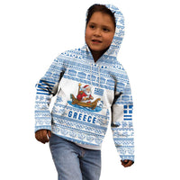 Greece Christmas Kid Hoodie with Santa Rowing Boat Greek Flag Laurel Wreath Parthenon and Blue White Pattern Design - Wonder Print Shop