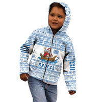 Greece Christmas Kid Hoodie with Santa Rowing Boat Greek Flag Laurel Wreath Parthenon and Blue White Pattern Design - Wonder Print Shop