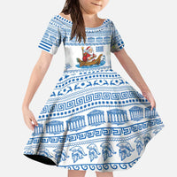 Greece Christmas Kid Short Sleeve Dress with Santa Rowing Boat Greek Flag Laurel Wreath Parthenon and Blue White Pattern Design - Wonder Print Shop