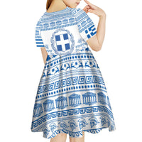 Greece Christmas Kid Short Sleeve Dress with Santa Rowing Boat Greek Flag Laurel Wreath Parthenon and Blue White Pattern Design - Wonder Print Shop