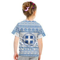 Greece Christmas Kid T Shirt with Santa Rowing Boat Greek Flag Laurel Wreath Parthenon and Blue White Pattern Design - Wonder Print Shop