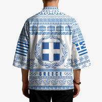 Greece Christmas Kimono with Santa Rowing Boat Greek Flag Laurel Wreath Parthenon and Blue White Pattern Design - Wonder Print Shop