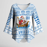 Greece Christmas Kimono Sleeve Blouse with Santa Rowing Boat Greek Flag Laurel Wreath Parthenon and Blue White Pattern Design - Wonder Print Shop