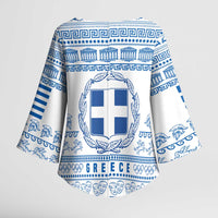 Greece Christmas Kimono Sleeve Blouse with Santa Rowing Boat Greek Flag Laurel Wreath Parthenon and Blue White Pattern Design - Wonder Print Shop