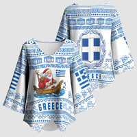 Greece Christmas Kimono Sleeve Blouse with Santa Rowing Boat Greek Flag Laurel Wreath Parthenon and Blue White Pattern Design - Wonder Print Shop