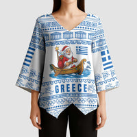 Greece Christmas Kimono Sleeve Blouse with Santa Rowing Boat Greek Flag Laurel Wreath Parthenon and Blue White Pattern Design - Wonder Print Shop