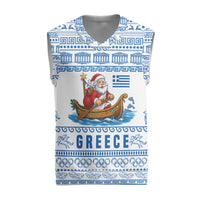 Greece Christmas Knitted V-Neck Vest with Santa Rowing Boat Greek Flag Laurel Wreath Parthenon and Blue White Pattern Design - Wonder Print Shop
