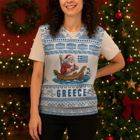 Greece Christmas Knitted V-Neck Vest with Santa Rowing Boat Greek Flag Laurel Wreath Parthenon and Blue White Pattern Design - Wonder Print Shop