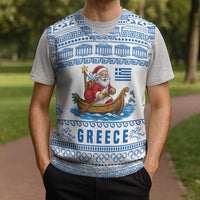 Greece Christmas Knitted V-Neck Vest with Santa Rowing Boat Greek Flag Laurel Wreath Parthenon and Blue White Pattern Design - Wonder Print Shop