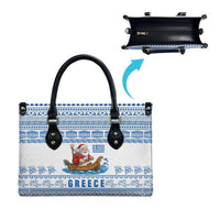 Greece Christmas Leather Bag with Santa Rowing Boat Greek Flag Laurel Wreath Parthenon and Blue White Pattern Design - Wonder Print Shop