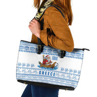 Greece Christmas Leather Tote Bag with Santa Rowing Boat Greek Flag Laurel Wreath Parthenon and Blue White Pattern Design - Wonder Print Shop
