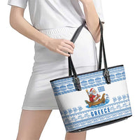 Greece Christmas Leather Tote Bag with Santa Rowing Boat Greek Flag Laurel Wreath Parthenon and Blue White Pattern Design - Wonder Print Shop