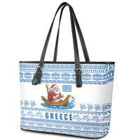 Greece Christmas Leather Tote Bag with Santa Rowing Boat Greek Flag Laurel Wreath Parthenon and Blue White Pattern Design - Wonder Print Shop