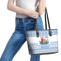 Greece Christmas Leather Tote Bag with Santa Rowing Boat Greek Flag Laurel Wreath Parthenon and Blue White Pattern Design - Wonder Print Shop