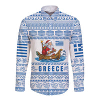 Greece Christmas Long Sleeve Button Shirt with Santa Rowing Boat Greek Flag Laurel Wreath Parthenon and Blue White Pattern Design - Wonder Print Shop