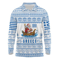 Greece Christmas Long Sleeve Polo Shirt with Santa Rowing Boat Greek Flag Laurel Wreath Parthenon and Blue White Pattern Design - Wonder Print Shop