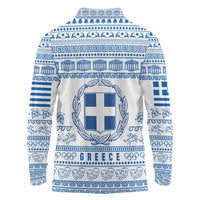 Greece Christmas Long Sleeve Polo Shirt with Santa Rowing Boat Greek Flag Laurel Wreath Parthenon and Blue White Pattern Design - Wonder Print Shop