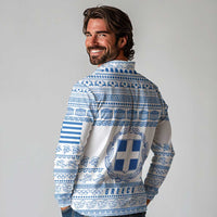 Greece Christmas Long Sleeve Polo Shirt with Santa Rowing Boat Greek Flag Laurel Wreath Parthenon and Blue White Pattern Design - Wonder Print Shop