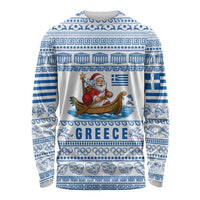 Greece Christmas Long Sleeve Shirt with Santa Rowing Boat Greek Flag Laurel Wreath Parthenon and Blue White Pattern Design - Wonder Print Shop