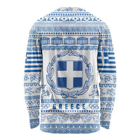 Greece Christmas Long Sleeve Shirt with Santa Rowing Boat Greek Flag Laurel Wreath Parthenon and Blue White Pattern Design - Wonder Print Shop