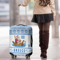 Greece Christmas Luggage Cover with Santa Rowing Boat Greek Flag Laurel Wreath Parthenon and Blue White Pattern Design - Wonder Print Shop