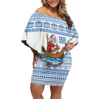 Greece Christmas Off Shoulder Short Dress with Santa Rowing Boat Greek Flag Laurel Wreath Parthenon and Blue White Pattern Design - Wonder Print Shop