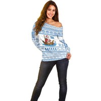 Greece Christmas Off Shoulder Sweater with Santa Rowing Boat Greek Flag Laurel Wreath Parthenon and Blue White Pattern Design - Wonder Print Shop