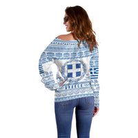 Greece Christmas Off Shoulder Sweater with Santa Rowing Boat Greek Flag Laurel Wreath Parthenon and Blue White Pattern Design - Wonder Print Shop