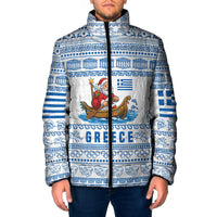 Greece Christmas Padded Jacket with Santa Rowing Boat Greek Flag Laurel Wreath Parthenon and Blue White Pattern Design - Wonder Print Shop