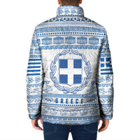 Greece Christmas Padded Jacket with Santa Rowing Boat Greek Flag Laurel Wreath Parthenon and Blue White Pattern Design - Wonder Print Shop