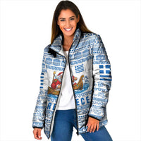 Greece Christmas Padded Jacket with Santa Rowing Boat Greek Flag Laurel Wreath Parthenon and Blue White Pattern Design - Wonder Print Shop