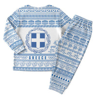 Greece Christmas Pajama Set with Santa Rowing Boat Greek Flag Laurel Wreath Parthenon and Blue White Pattern Design - Wonder Print Shop