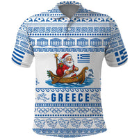 Greece Christmas Polo Shirt with Santa Rowing Boat Greek Flag Laurel Wreath Parthenon and Blue White Pattern Design - Wonder Print Shop