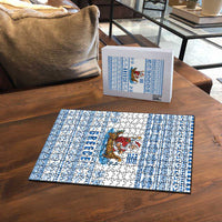 Greece Christmas Puzzle with Santa Rowing Boat Greek Flag Laurel Wreath Parthenon and Blue White Pattern Design - Wonder Print Shop