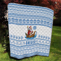 Greece Christmas Quilt with Santa Rowing Boat Greek Flag Laurel Wreath Parthenon and Blue White Pattern Design - Wonder Print Shop