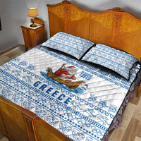Greece Christmas Quilt Bed Set with Santa Rowing Boat Greek Flag Laurel Wreath Parthenon and Blue White Pattern Design - Wonder Print Shop