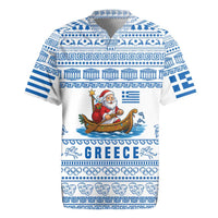 Greece Christmas Rugby Jersey with Santa Rowing Boat Greek Flag Laurel Wreath Parthenon and Blue White Pattern Design - Wonder Print Shop