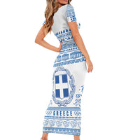 Greece Christmas Short Sleeve Bodycon Dress with Santa Rowing Boat Greek Flag Laurel Wreath Parthenon and Blue White Pattern Design - Wonder Print Shop