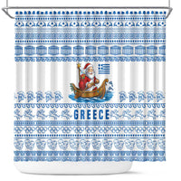 Greece Christmas Shower Curtain with Santa Rowing Boat Greek Flag Laurel Wreath Parthenon and Blue White Pattern Design - Wonder Print Shop