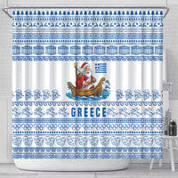 Greece Christmas Shower Curtain with Santa Rowing Boat Greek Flag Laurel Wreath Parthenon and Blue White Pattern Design - Wonder Print Shop