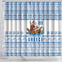 Greece Christmas Shower Curtain with Santa Rowing Boat Greek Flag Laurel Wreath Parthenon and Blue White Pattern Design - Wonder Print Shop