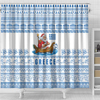 Greece Christmas Shower Curtain with Santa Rowing Boat Greek Flag Laurel Wreath Parthenon and Blue White Pattern Design - Wonder Print Shop