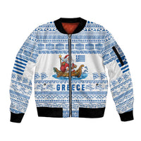Greece Christmas Sleeve Zip Bomber Jacket with Santa Rowing Boat Greek Flag Laurel Wreath Parthenon and Blue White Pattern Design - Wonder Print Shop