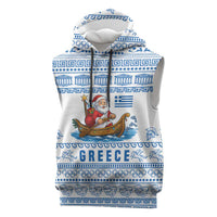 Greece Christmas Sleeveless Hoodie with Santa Rowing Boat Greek Flag Laurel Wreath Parthenon and Blue White Pattern Design - Wonder Print Shop