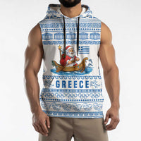 Greece Christmas Sleeveless Hoodie with Santa Rowing Boat Greek Flag Laurel Wreath Parthenon and Blue White Pattern Design - Wonder Print Shop
